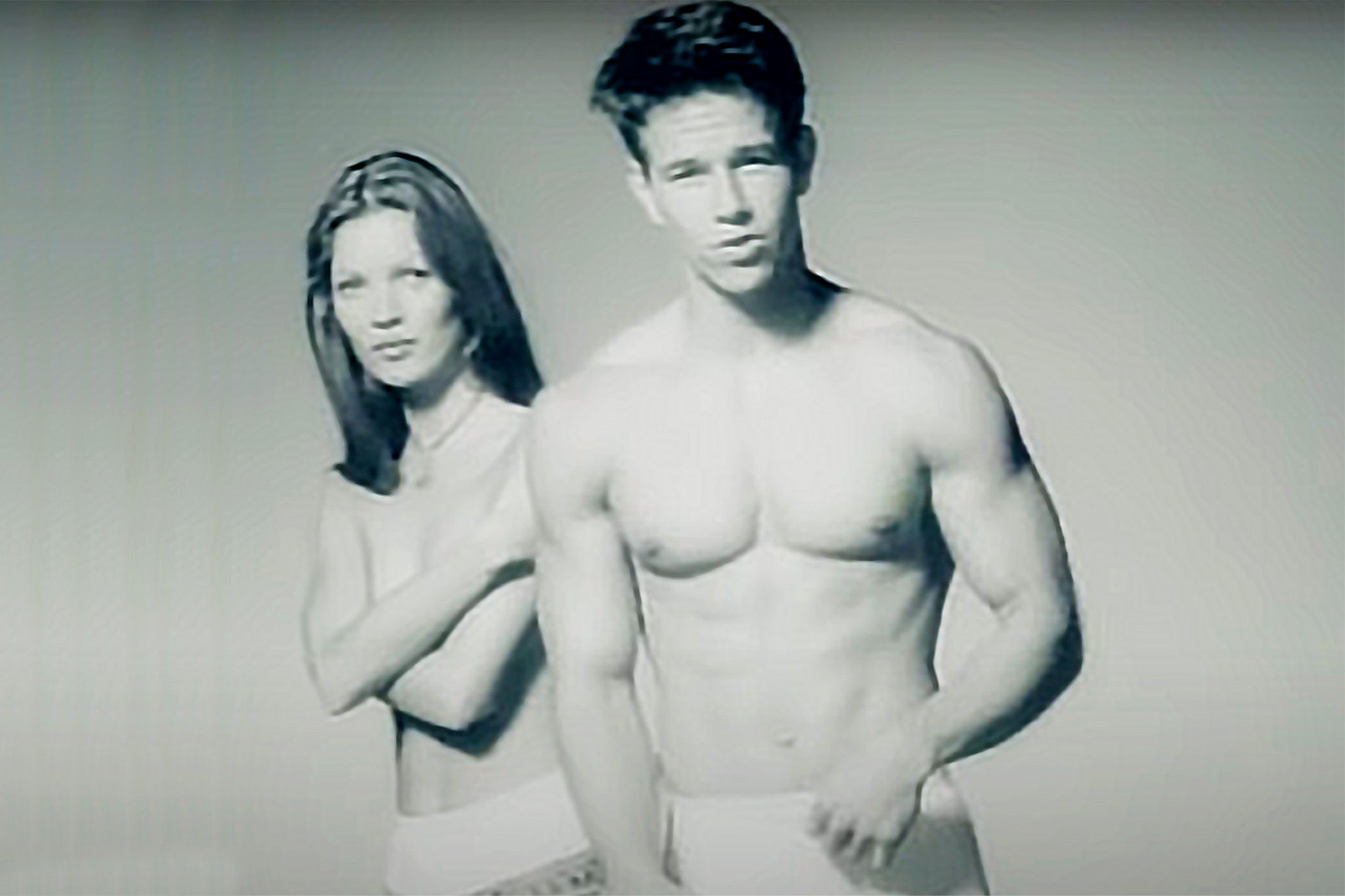 Uncomfortable viewing... and the height of fashion: Moss and Mark Wahlberg in their landmark 1992 Calvin Klein campaign