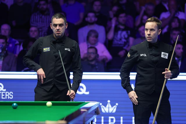 <p>Ali Carter (right) fell short as Ronnie O’Sullivan claimed an eighth Masters title </p>