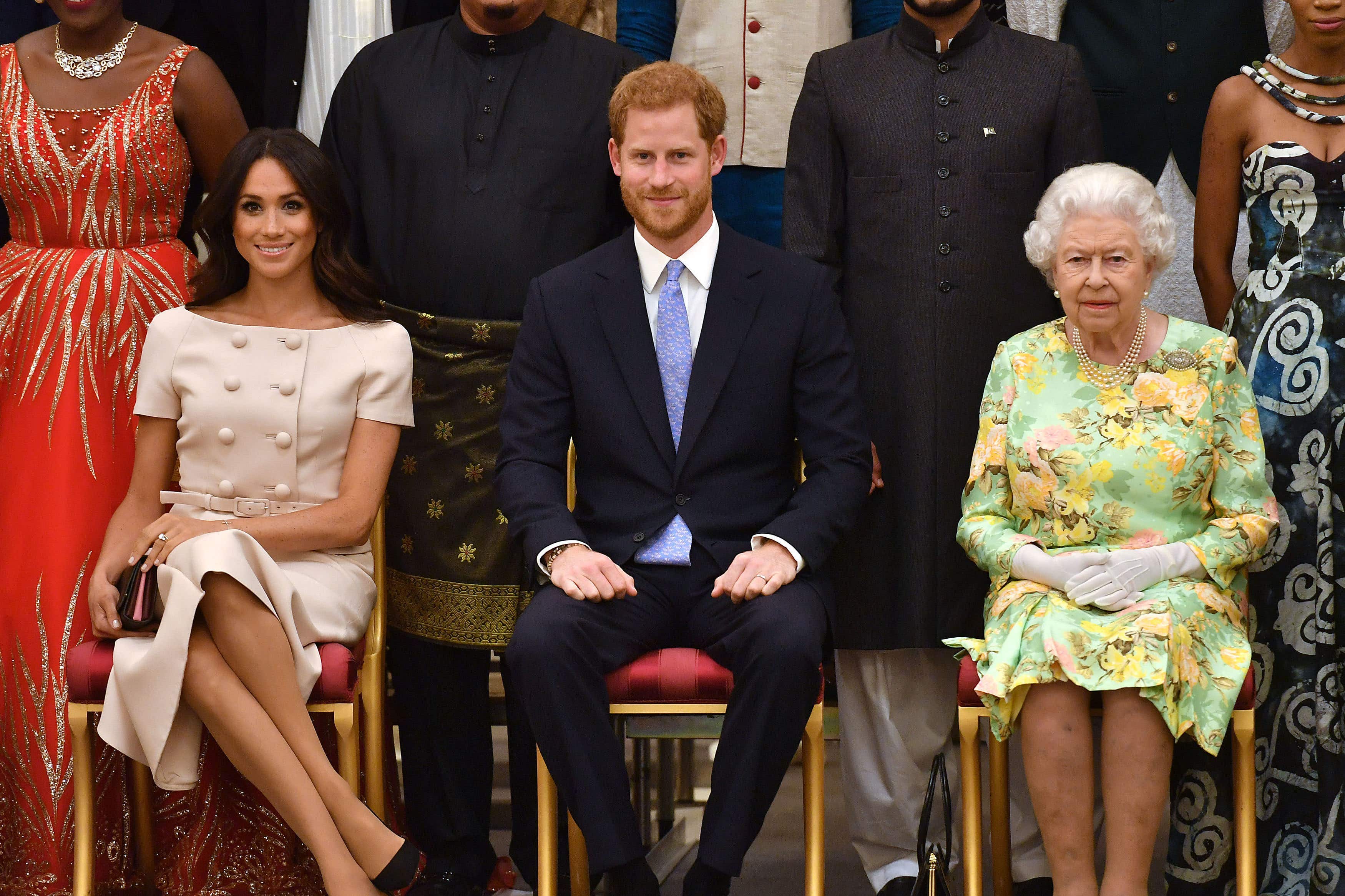 Queen Elizabeth II with the Duke and Duchess of Sussex (John Stillwell/PA)