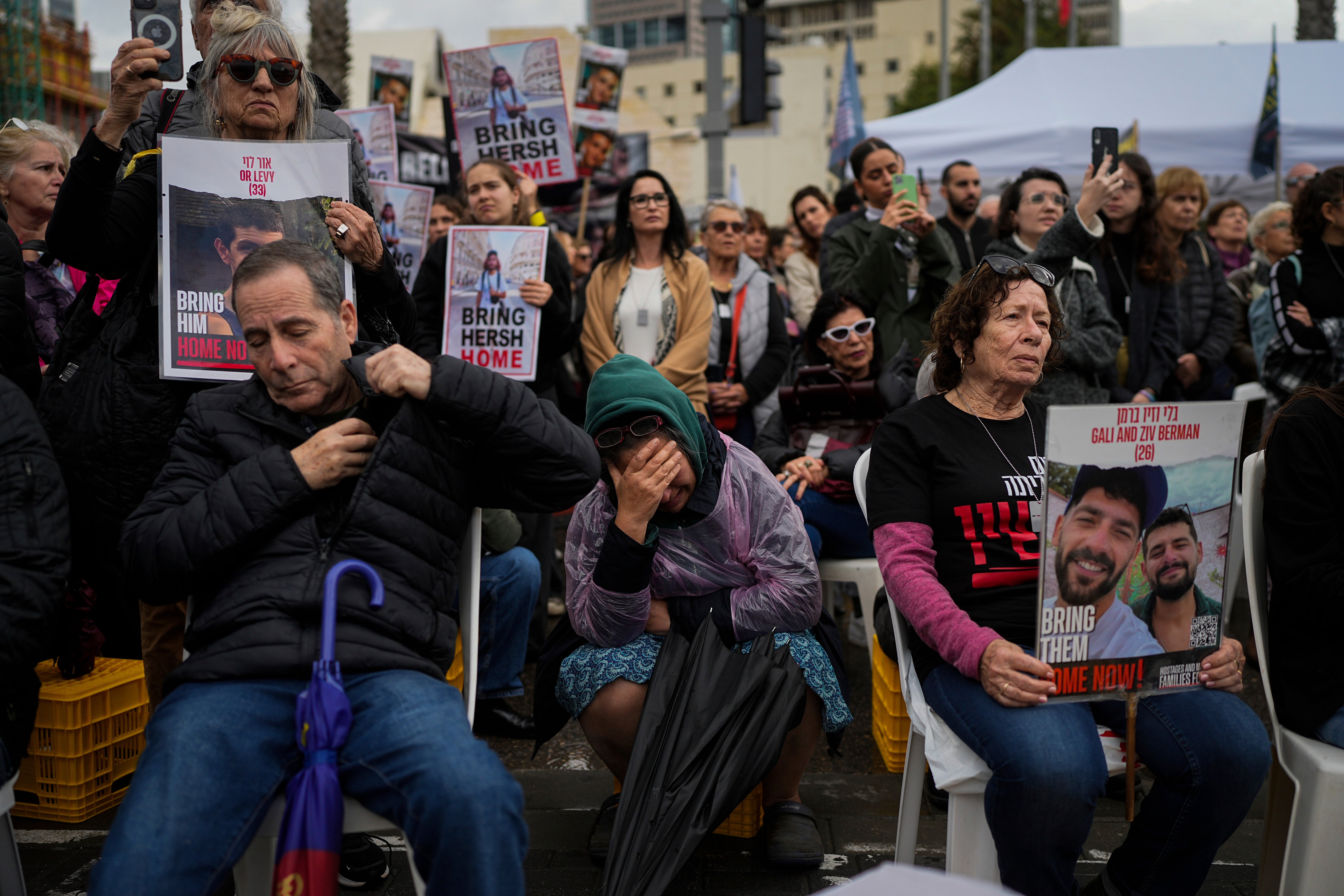 People attend a 24-hour rally at ‘Hostages Square’ in Tel Aviv, calling for the release of the hostages