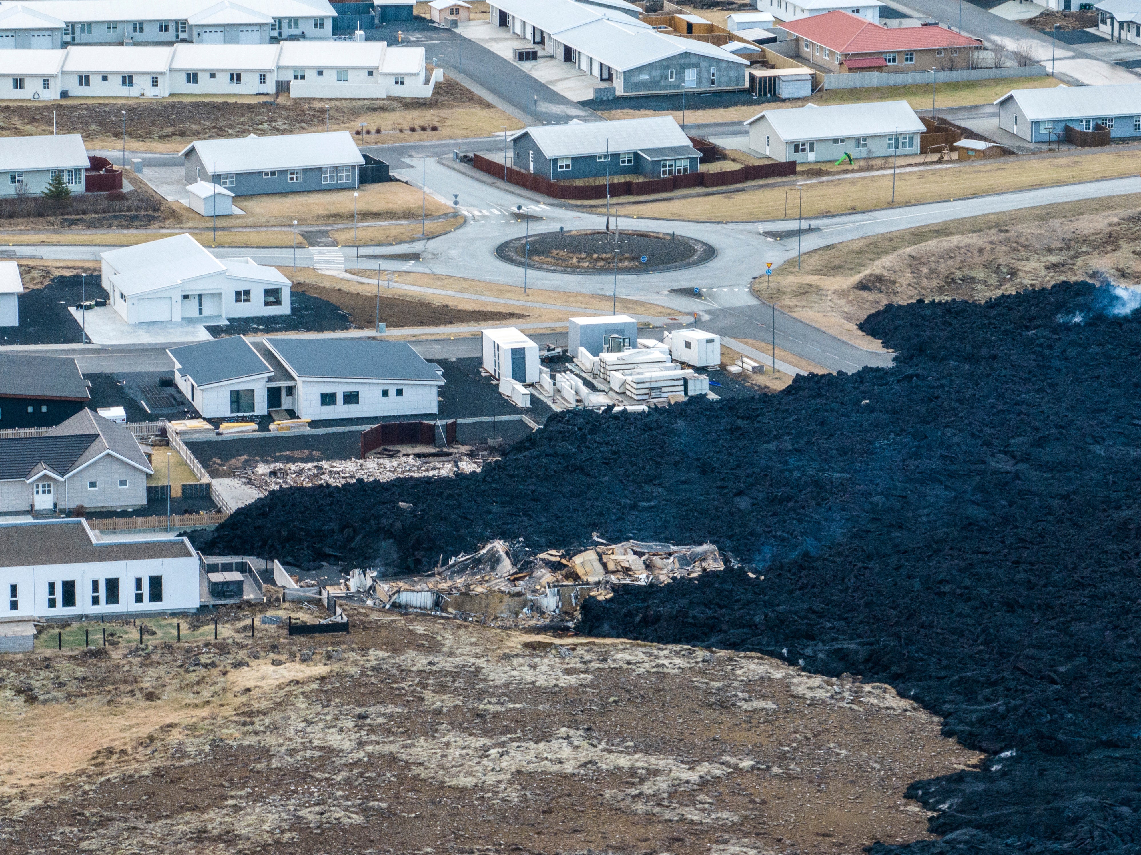 An areal view showing the damage of the lava flow in the town of Grindavik