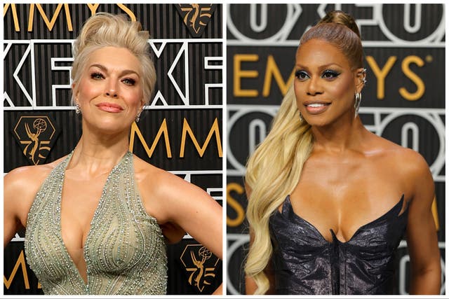 <p>Hannah Waddingham (left) and Laverne Cox at the Emmys</p>