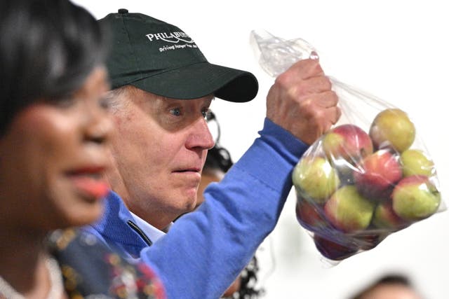 <p>US President Joe Biden takes part in a service event at Philabundance, a non-profit food bank to mark Martin Luther King Jr. Day in Philadelphia, Pennsylvania on January 15, 2024</p>