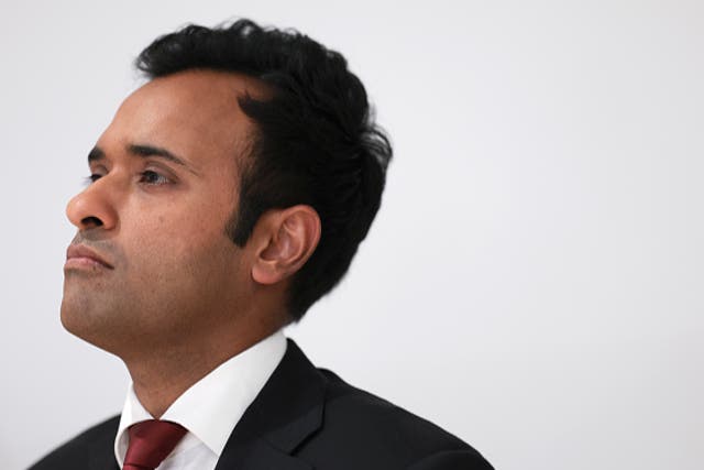<p>Vivek Ramaswamy waits to speak at the America First Policy Institute in September 2023</p>