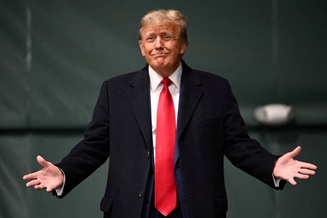 <p>Republican presidential candidate and former U.S. President Donald Trump visits a caucus site at Horizon Event Center in Clive, Iowa, U.S. January 15, 2024</p>