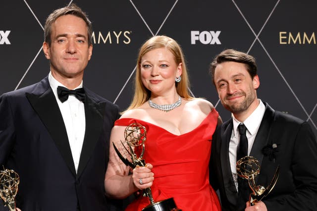 <p>Sweet success: basking in the Emmy-winning glow of Best Drama ‘Succession’ are (from left) Matthew Macfadyen (Best Supporting Actor), Sarah Snook (Best Actress), and Kieran Culkin (Best Actor) at the Peacock Theater, Los Angeles, on 15 January </p>