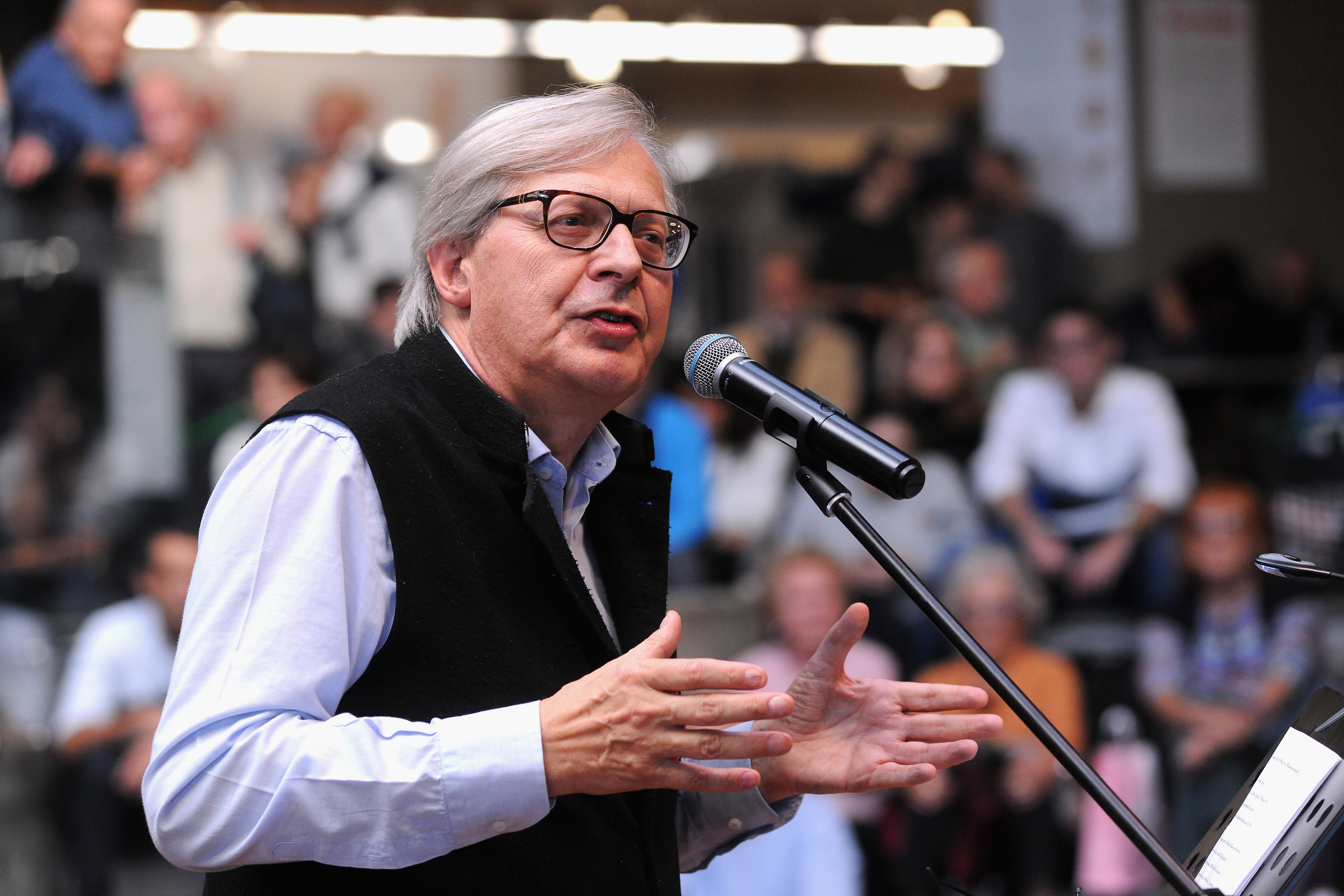 File: Italian art historian Vittorio Sgarbi holds his speech in Bologna, Italy
