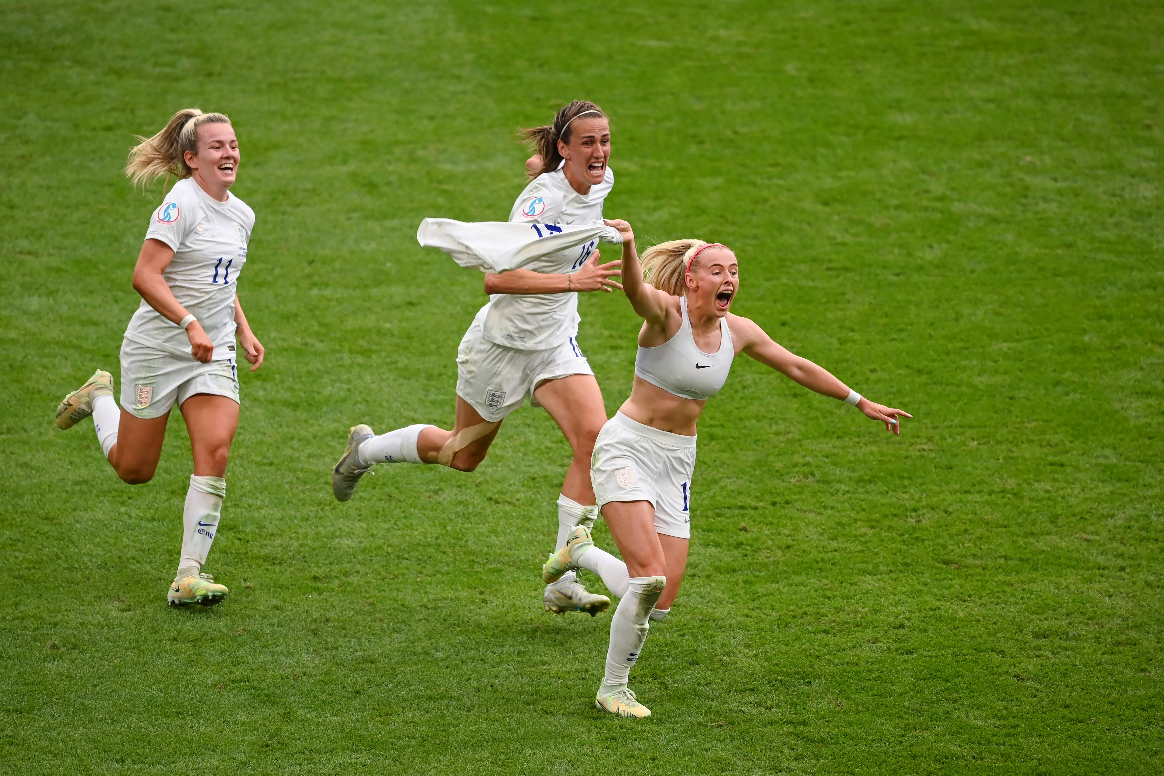 Chloe Kelly celebrates scoring the winning goal with England teammates Lauren Hemp and Jill Scott during the Uefa Women’s Euro 2022 final at Wembley