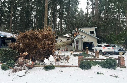A severely damaged house after a tree fell due to severe weather in Lake Oswego, Oregon