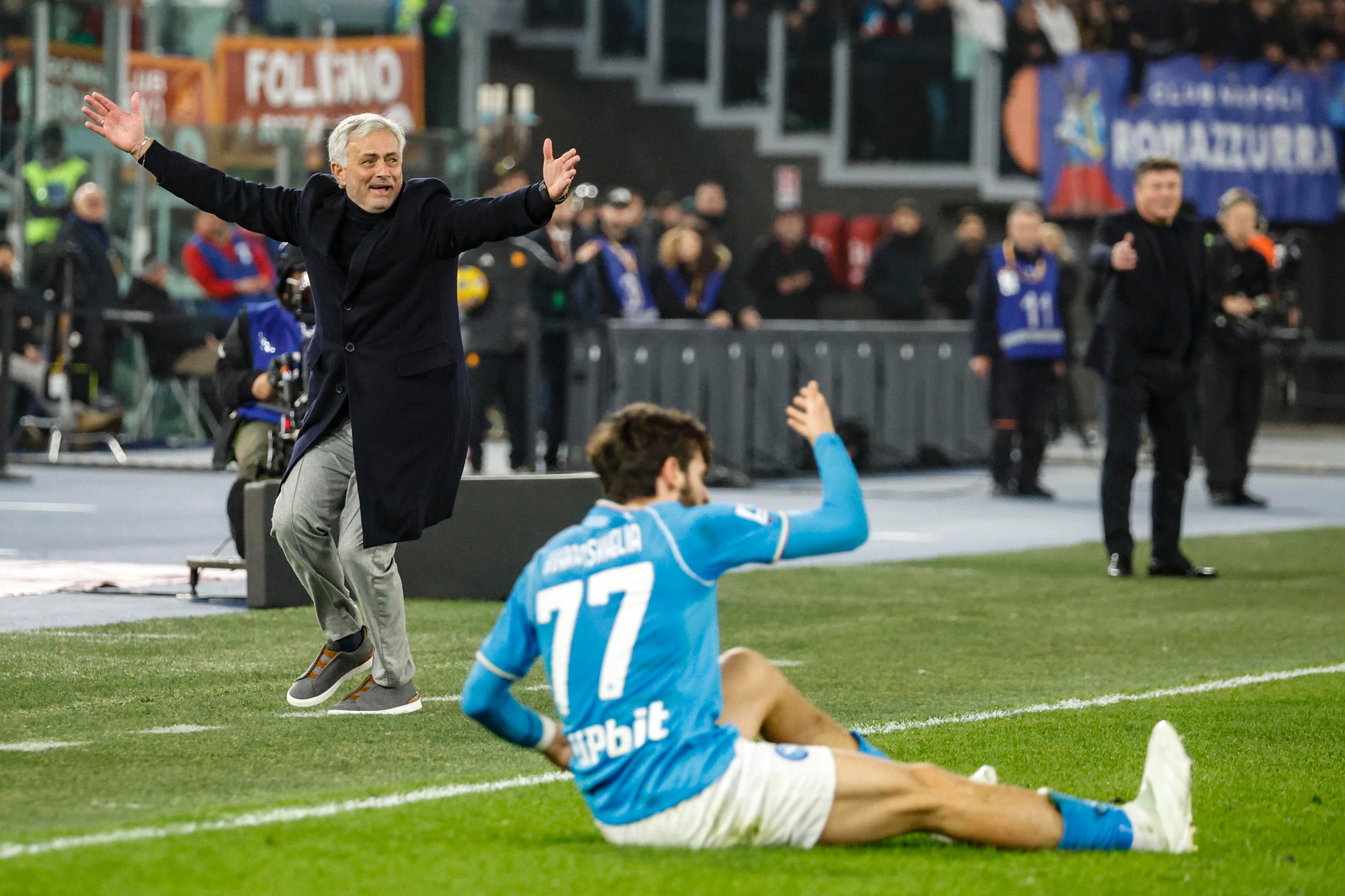 Jose Mourinho protests after Napoli’s Khvicha Kvaratskhelia is fouled