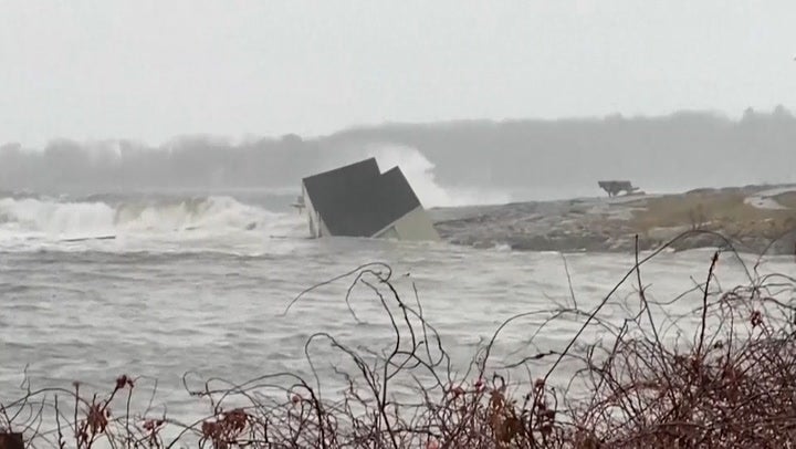 <p>Moment 19th century fishing hut wiped out by 15ft wave in Portland.</p>