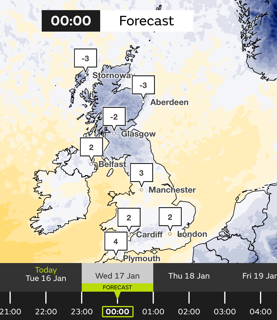 Met Office forecaster Craig Snell predicted temperatures could plunge to as low as -15C in parts of the UK on Tuesday