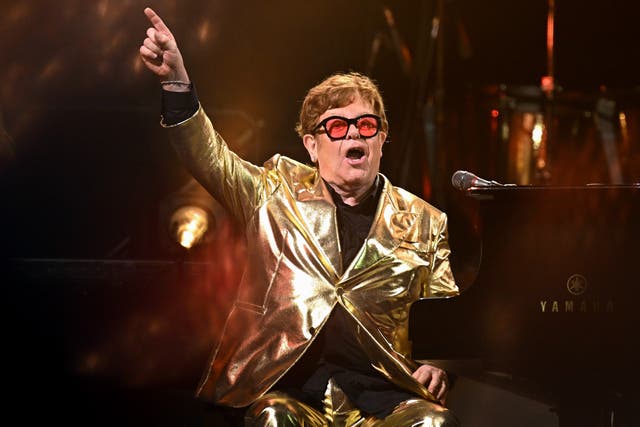 <p>Elton John performing at Glastonbury 2023</p>