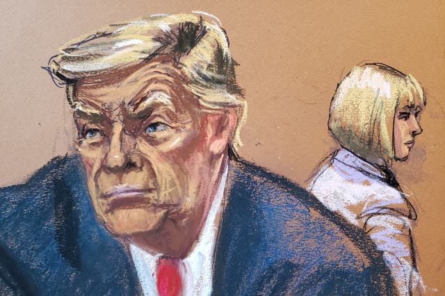 <p>Former US president Donald Trump and E Jean Carroll attend jury selection at Manhattan Federal Court in New York City in the second civil trial, after Carroll accused Trump of raping her decades ago </p>