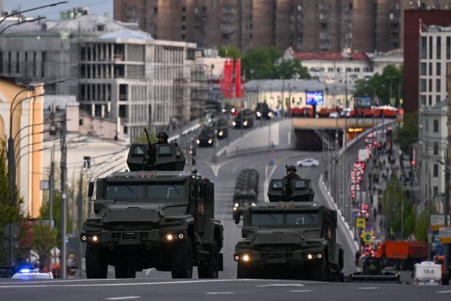 <p>Russian military hardware move along the Garden Ring road heading to Red Square for the Victory Day military parade rehearsal in central Moscow  on 4 May 2023</p>