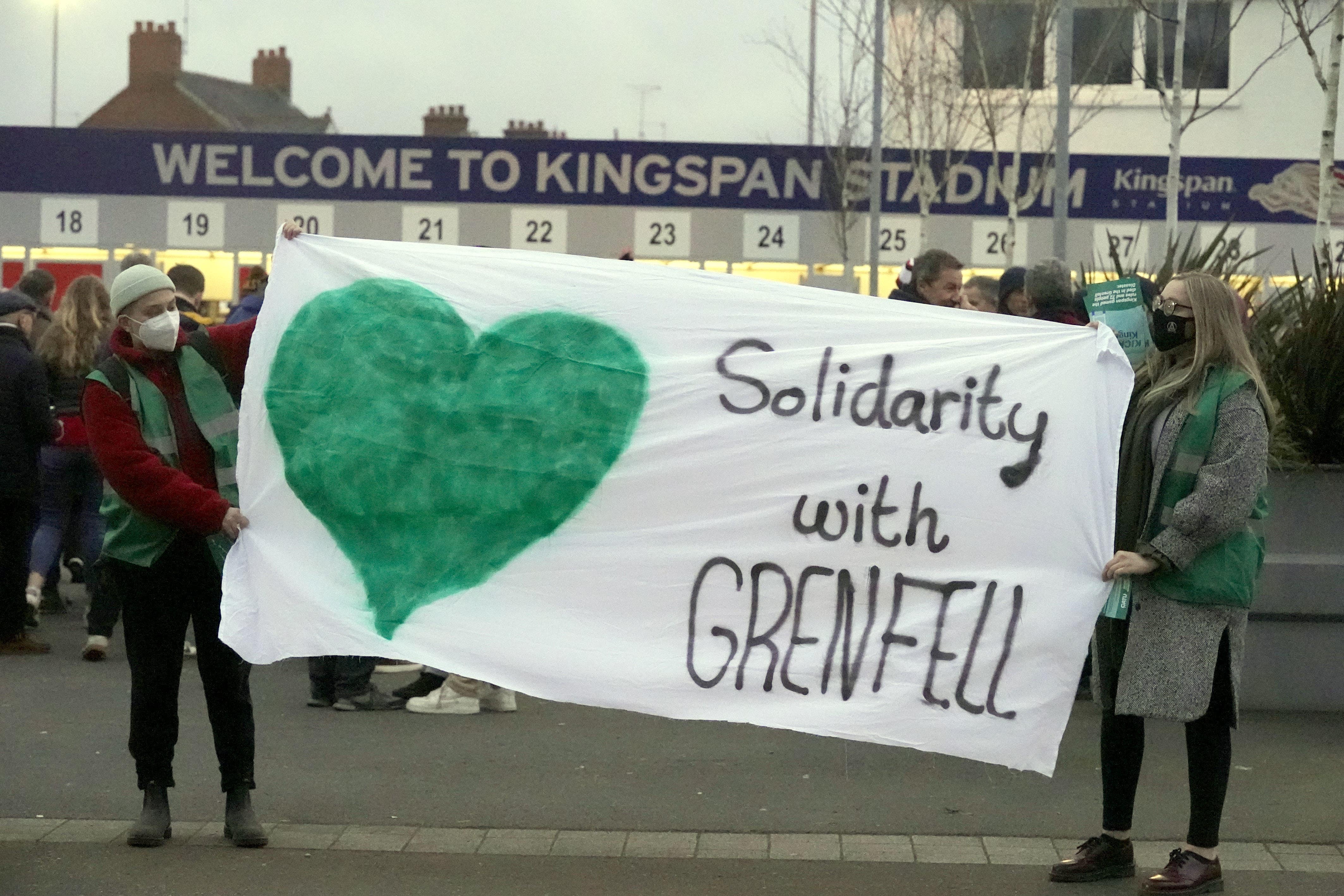 People protest outside the Kingspan Stadium in Belfast in 2022. Kingspan has now ‘signalled its intention’ to conclude its association with the club (Niall Carson/PA)