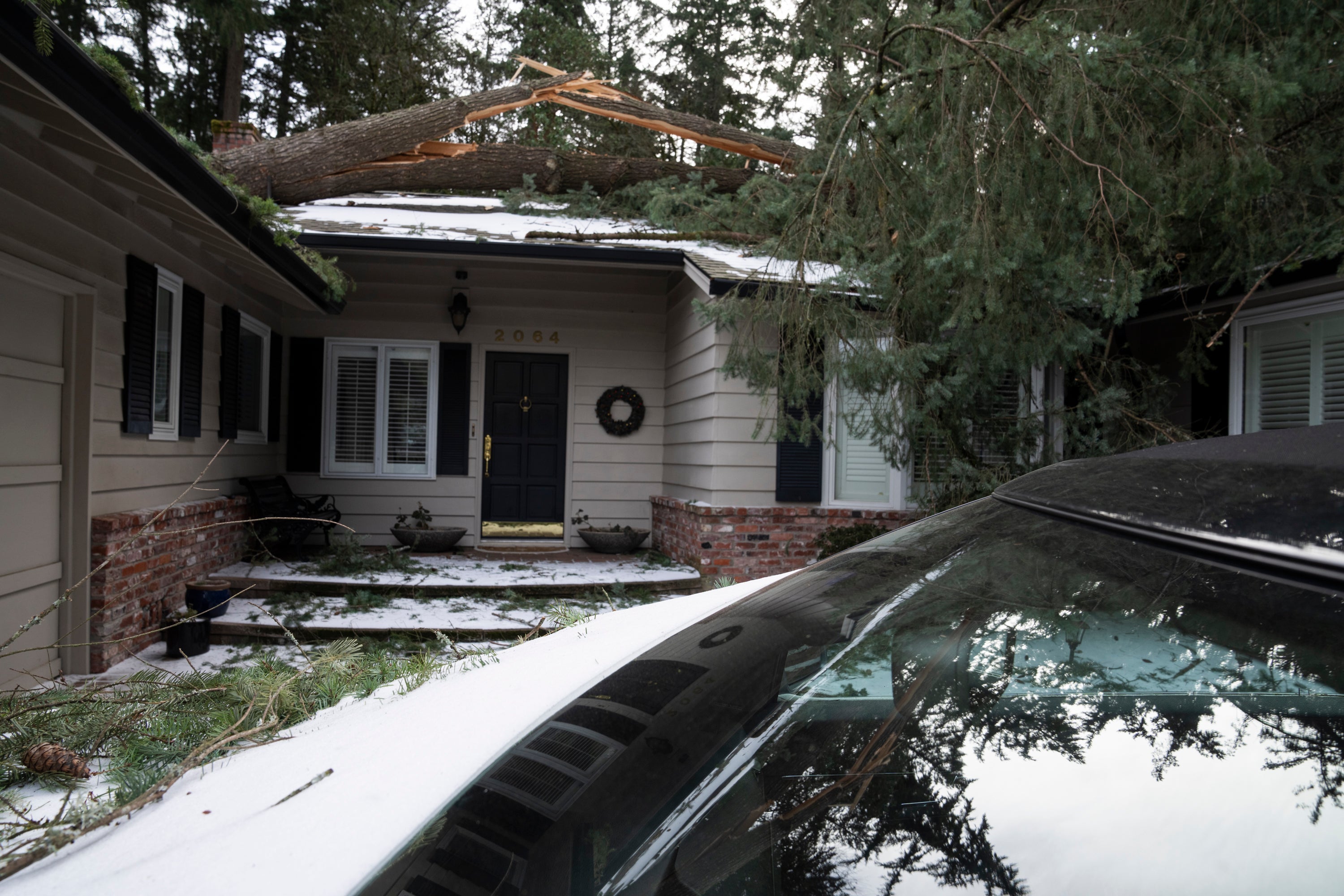 A tree rests on a home in Lake Oswego, Oregon after falling during a storm on 16 January 2024