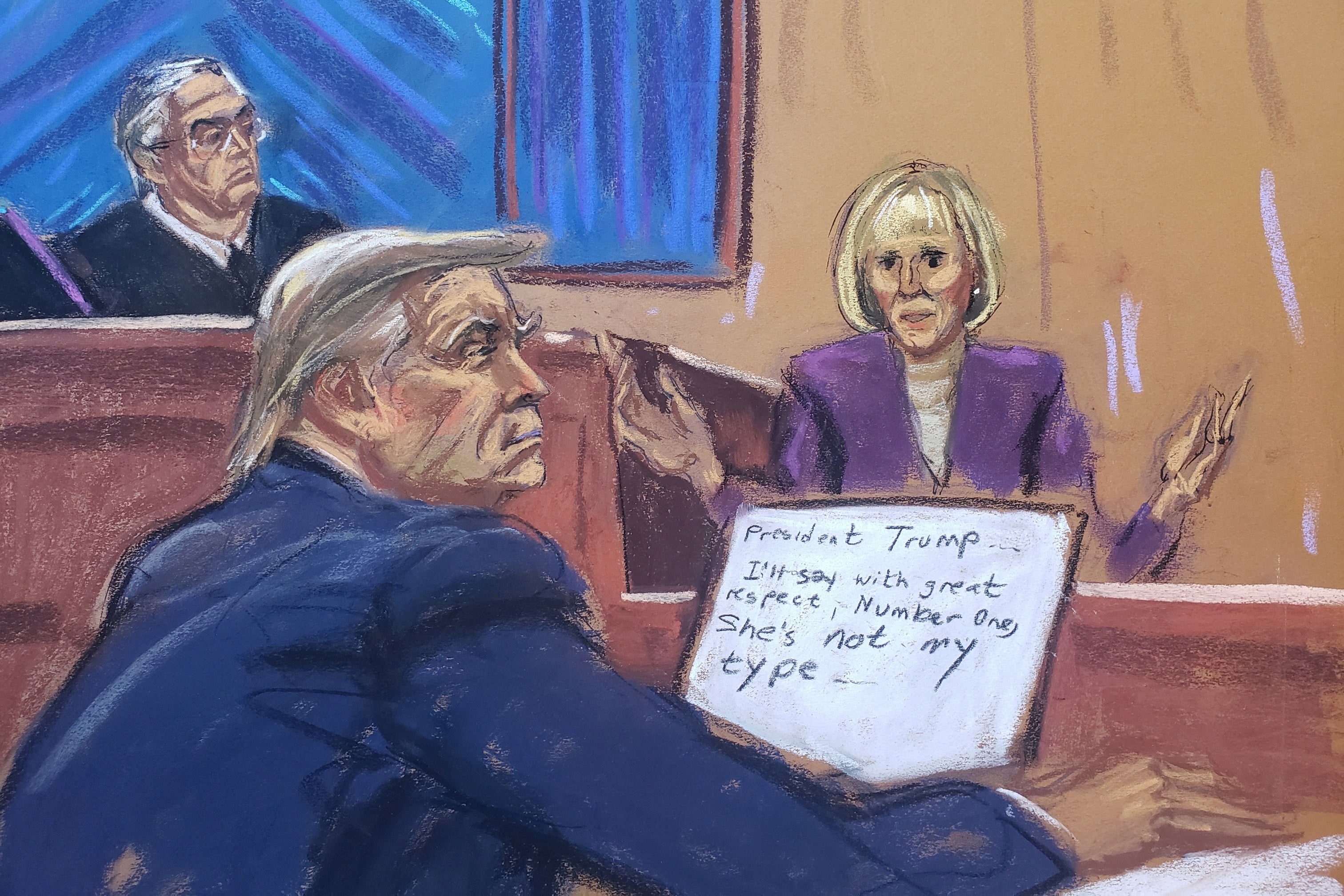 A courtroom sketch depicts E Jean Carroll testifying as Donald Trump watches from the defence table