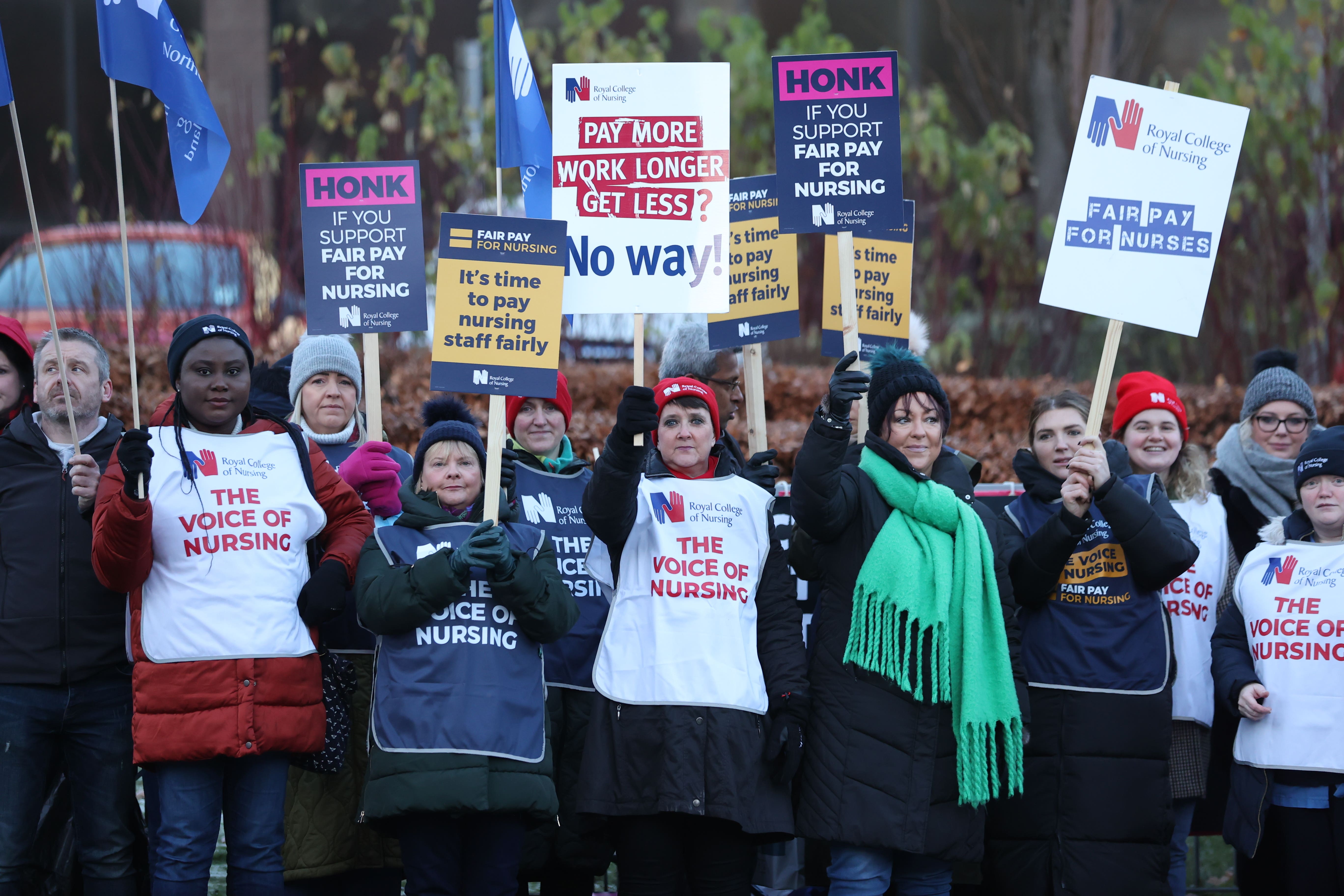 Members of the Royal College of Nursing on the picket line outside Belfast City Hospital in Belfast (Liam McBurney/PA)