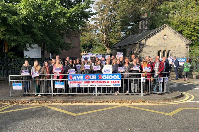 Parents demonstrate in September in support of St Leonard’s Catholic School, Durham, which has been disrupted by the discovery of reinforced autoclaved aerated concrete (Tom Wilkinson/PA)