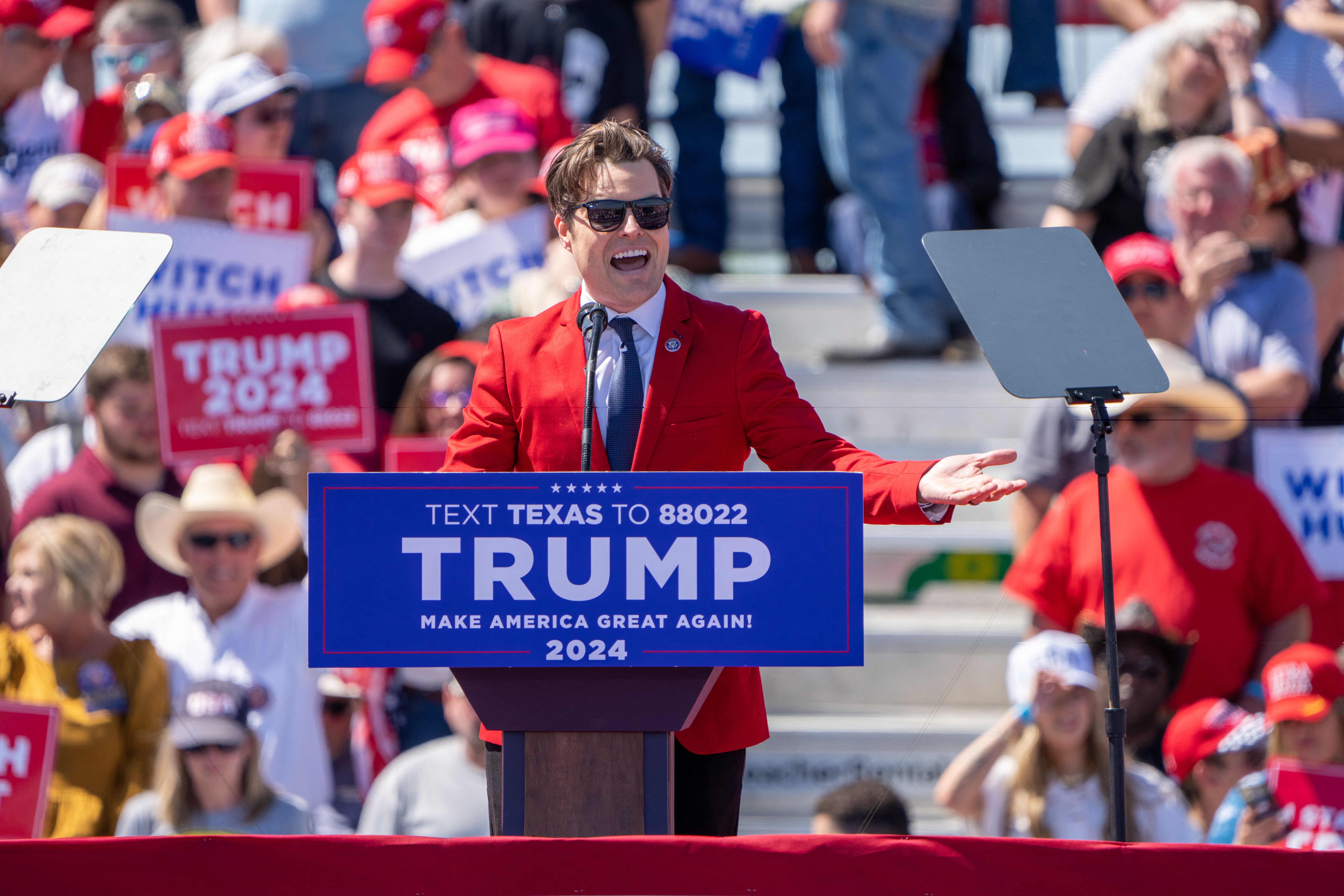 <p>Matt Gaetz speaks at a campaign rally for former Donald Trump in Waco, Texas, March 25, 2023</p>