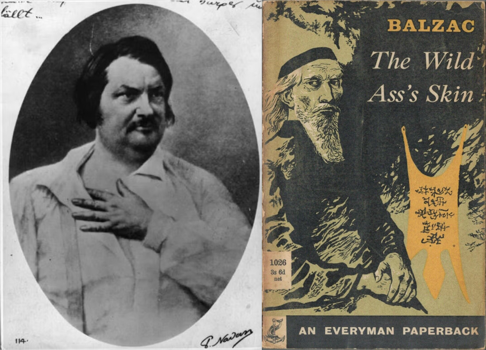 A daguerreotype of Honoré de Balzac next to a 1961 Everyman edition of The Wild Ass’s Skin