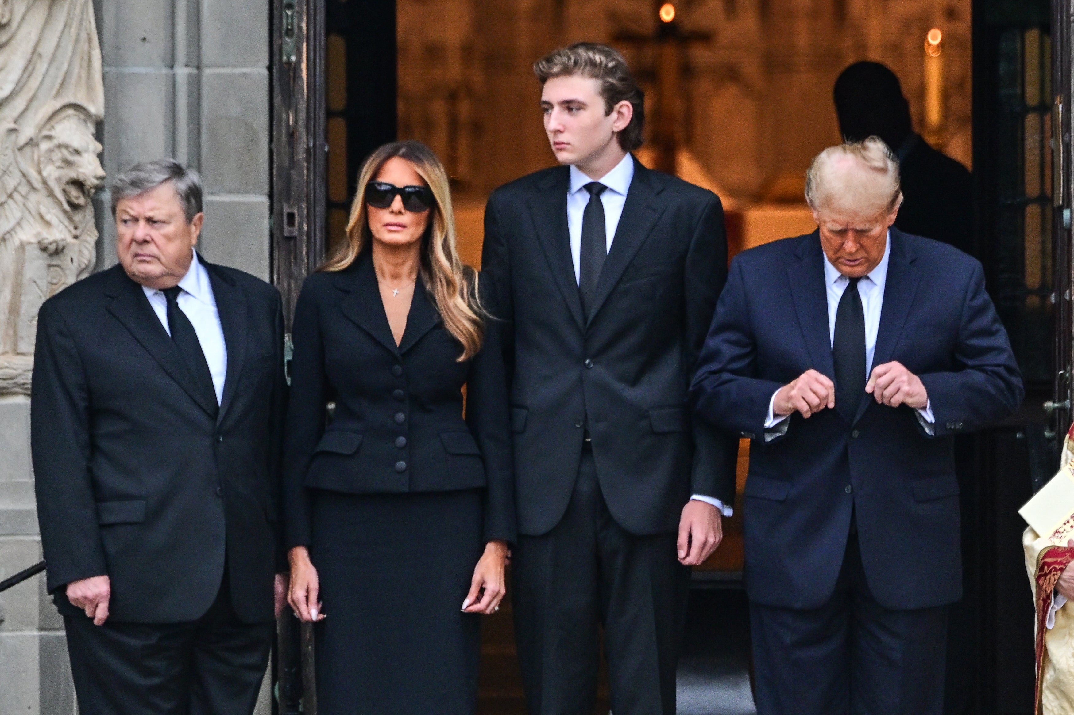 Barron Trump with his parents Donald and Melania Trump and his grandfather Viktor Knavs at the funeral of his grandmother Amalija Knavs in Palm Beach, Florida, on 18 January 2024