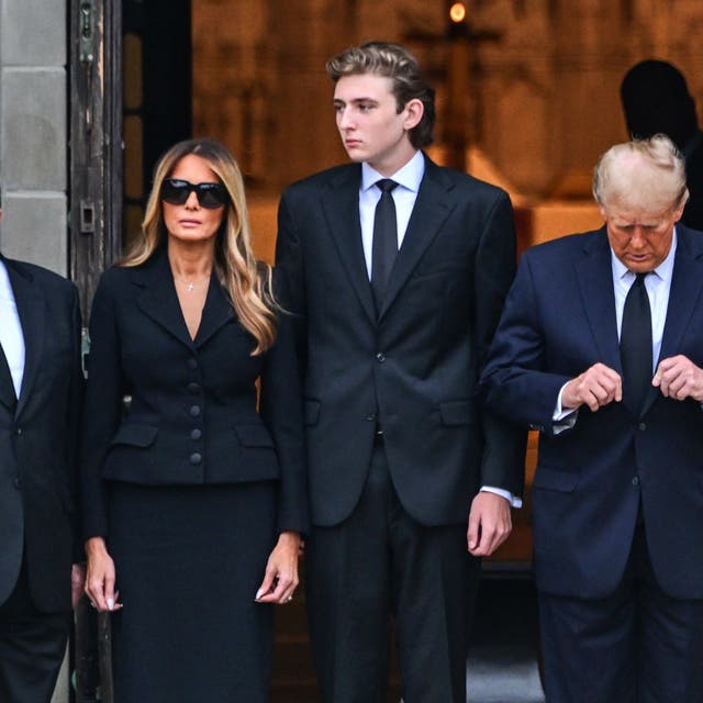 <p>Barron Trump with his mother and father Donald and Melania Trump and his grandfather Viktor Knavs at the funeral of his grandmother Amalija Knavs in Palm Beach, Florida, on 18 January 2024 </p>
