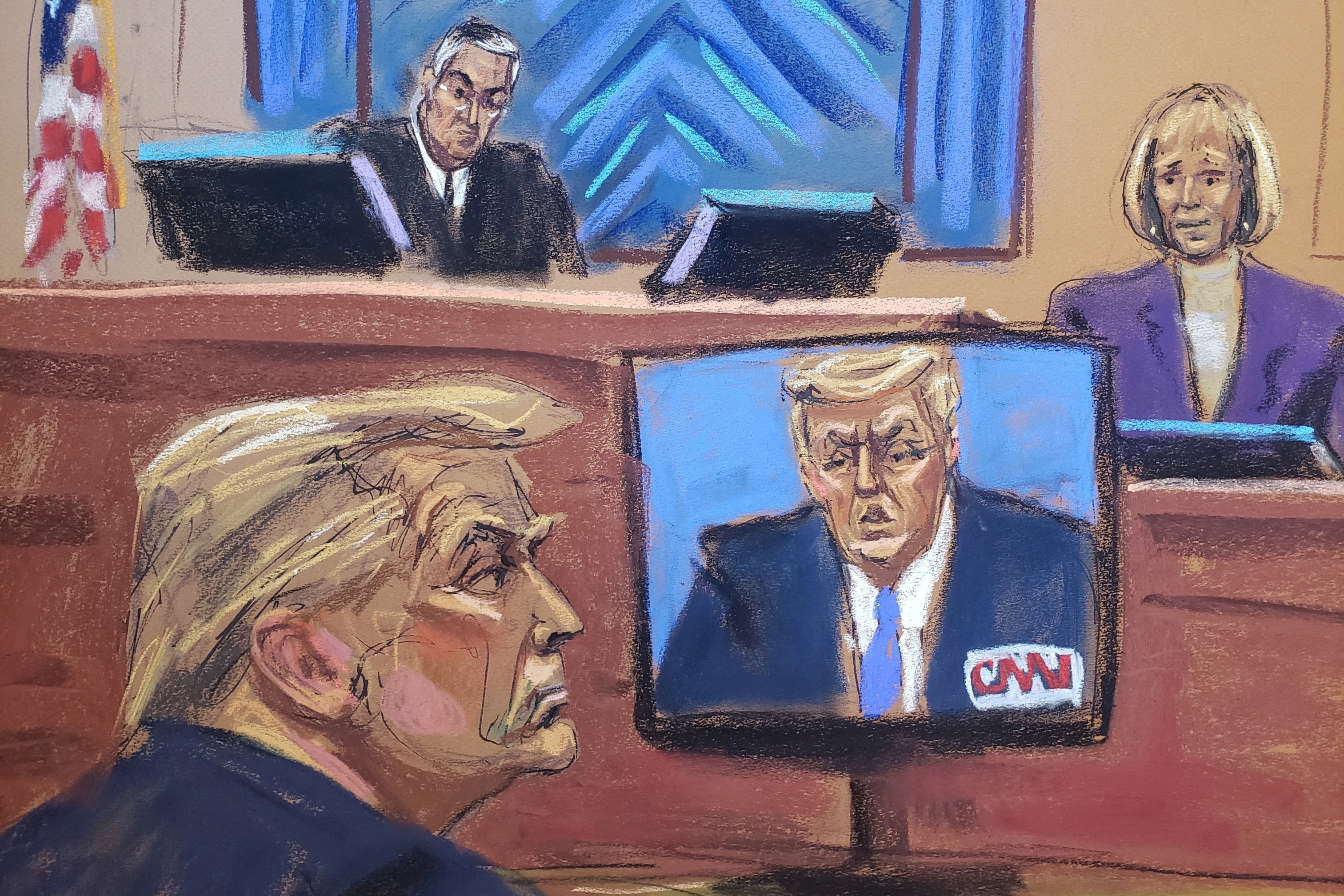 Court drawing of E Jean Carroll testifying as Donald Trump watches footage of himself on CNN