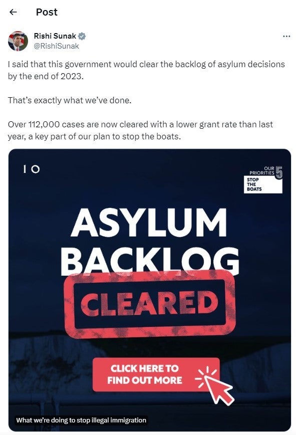 A post on the prime minister’s X account earlier this month claimed that the asylum backlog had been ‘cleared’