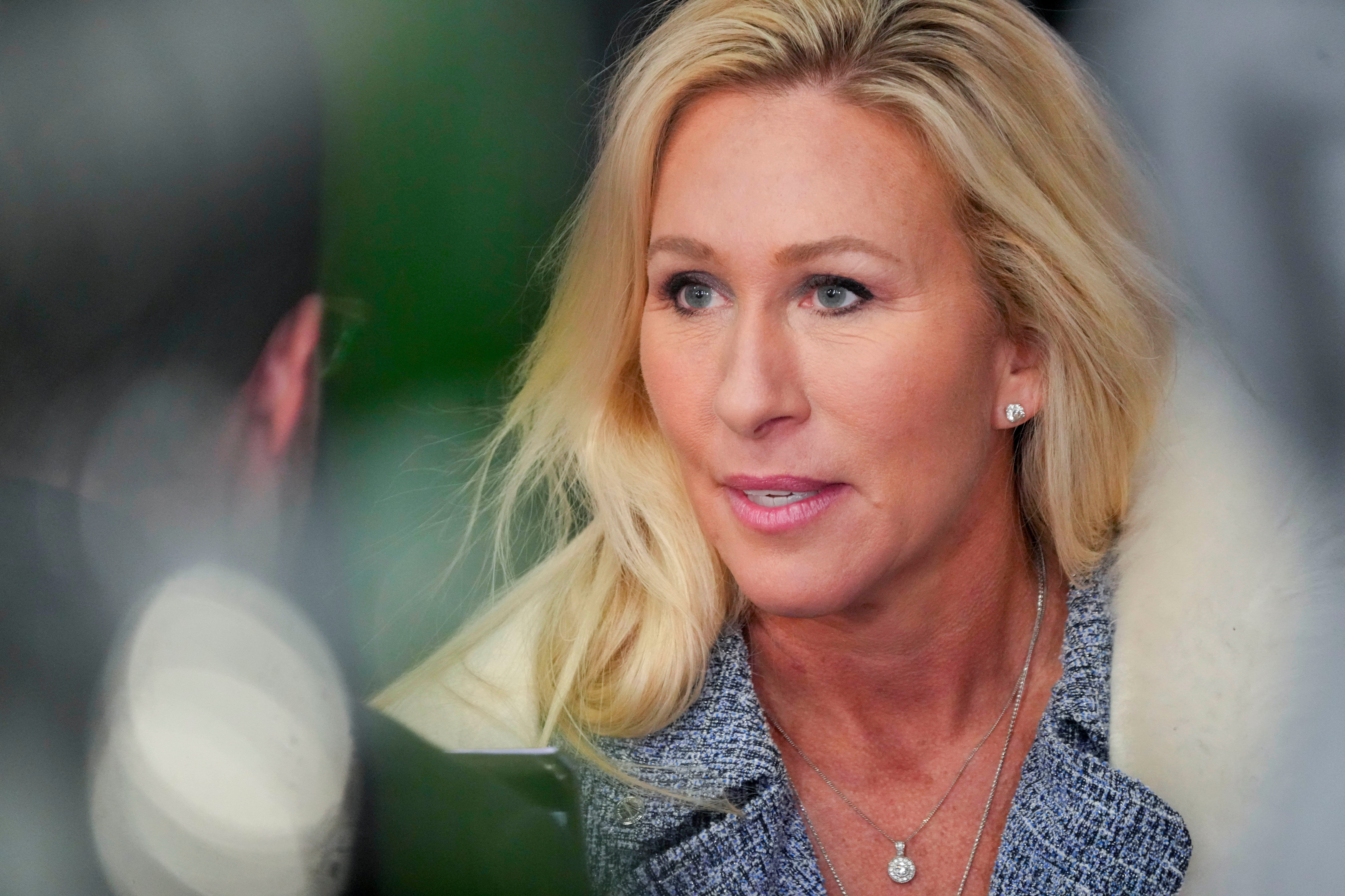<p>U.S. Rep. Marjorie Taylor Greene is seen Monday, Jan. 15, 2024, at the Trump caucus night watch party at the Iowa Events Center in Des Moines, Iowa</p>