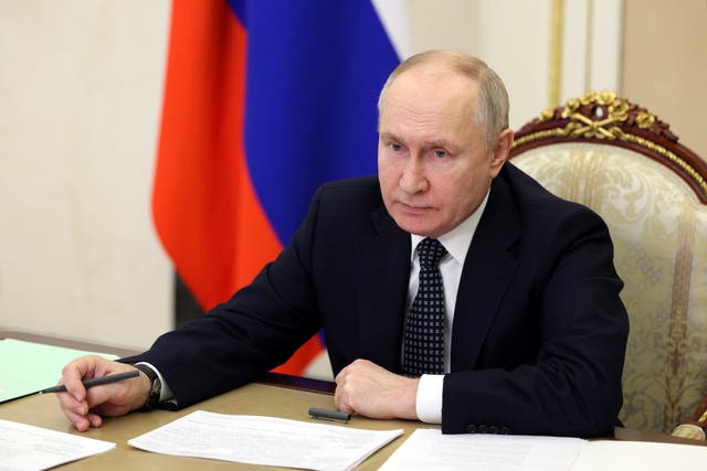 <p>Vladimir Putin chairs a meeting with Russia’s Government members via video link in Moscow</p>