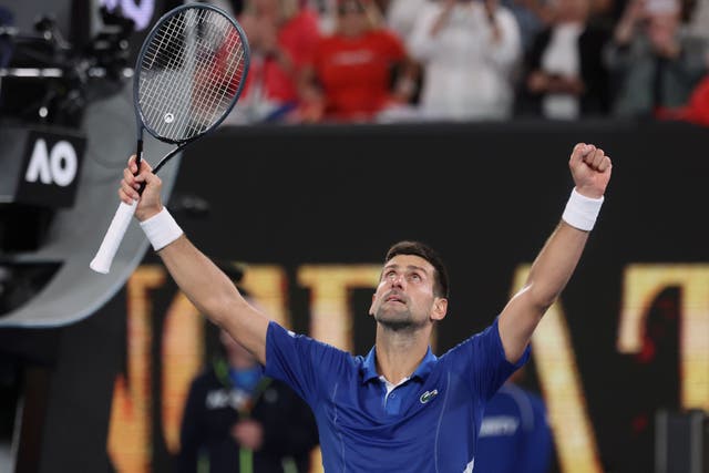 Novak Djokovic celebrates after defeating Tomas Martin Etcheverry (Asanka Brendon Ratnayake/AP)