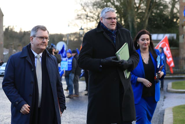 DUP leader Sir Jeffrey Donaldson, deputy leader Gavin Robinson and Emma Little-Pengelly (PA)