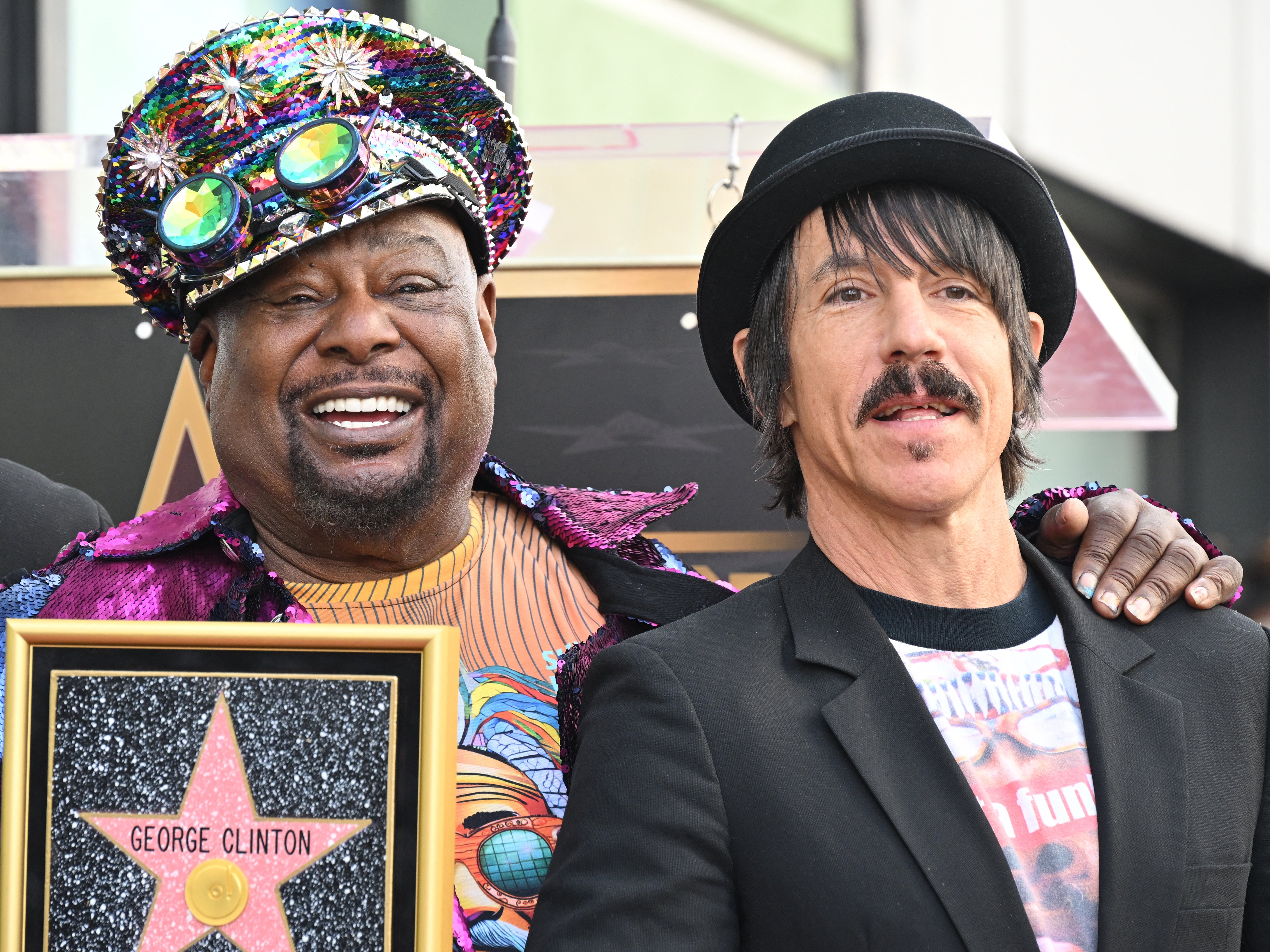 George Clinton (left) and The Red Hot Chili Peppers’ Anthony Kiedis at the unveiling of Clinton’s star on the Hollywood Walk of Fame