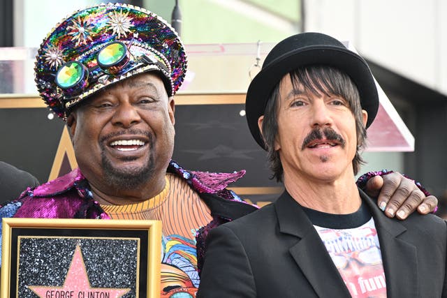<p>George Clinton (left) and The Red Hot Chili Peppers’ Anthony Kiedis at the unveiling of Clinton’s star on the Hollywood Walk of Fame</p>