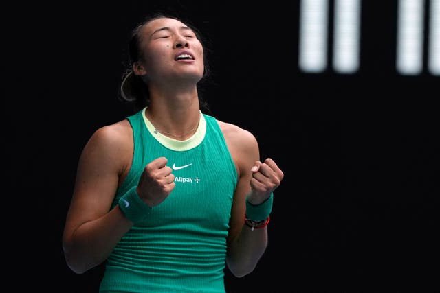 Zheng Qinwen celebrates beating Wang Yafan (Andy Wong/AP)