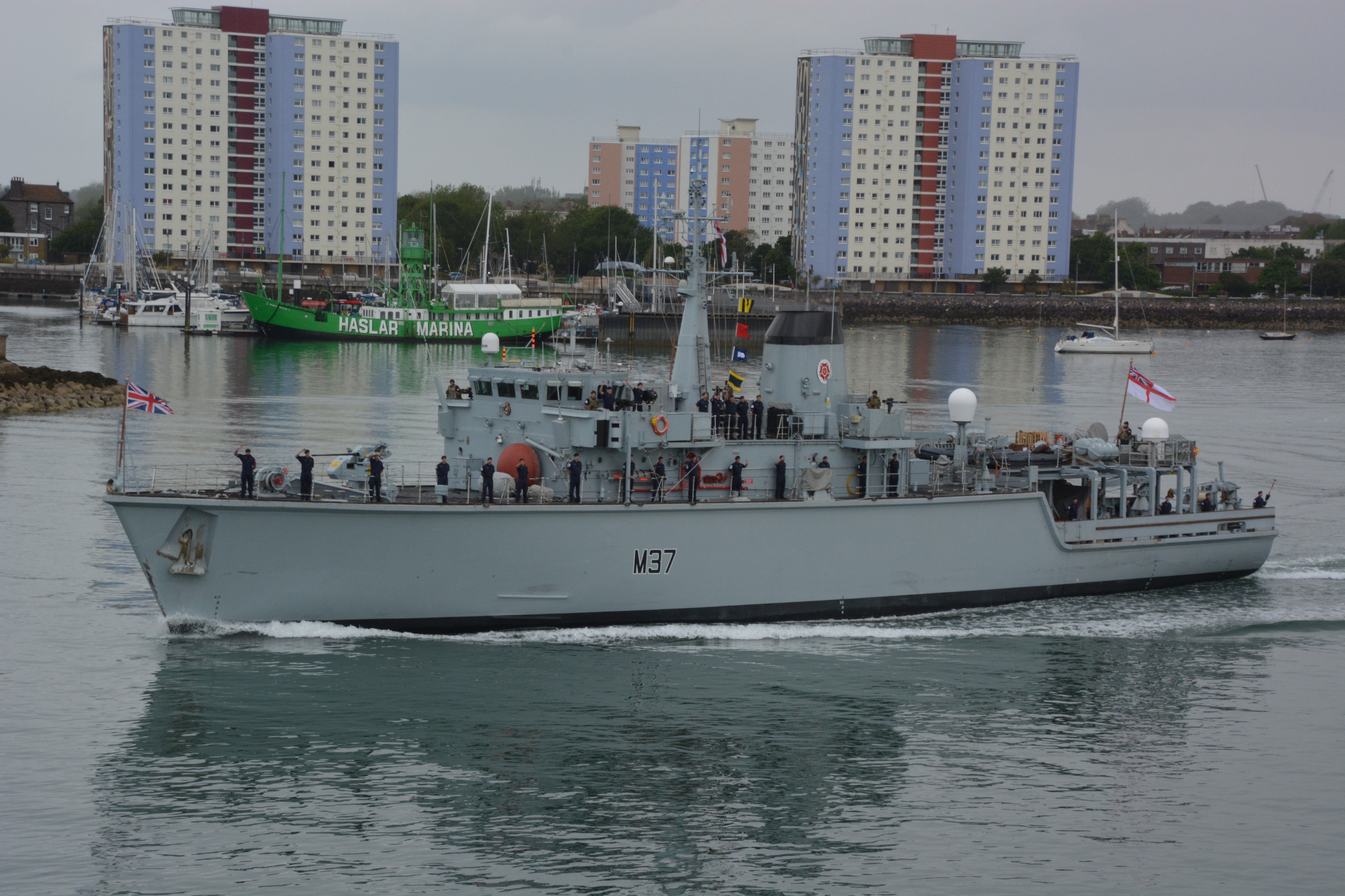 HMS Chiddingfold leaving Portsmouth naval base for a three-year deployment to the Gulf (Ben Mitchell/PA)