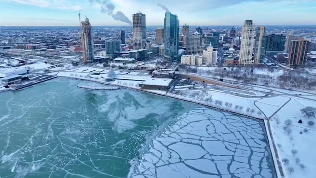 Milwaukee frozen in snow and ice in stunning drone footage as cold snap lingers
