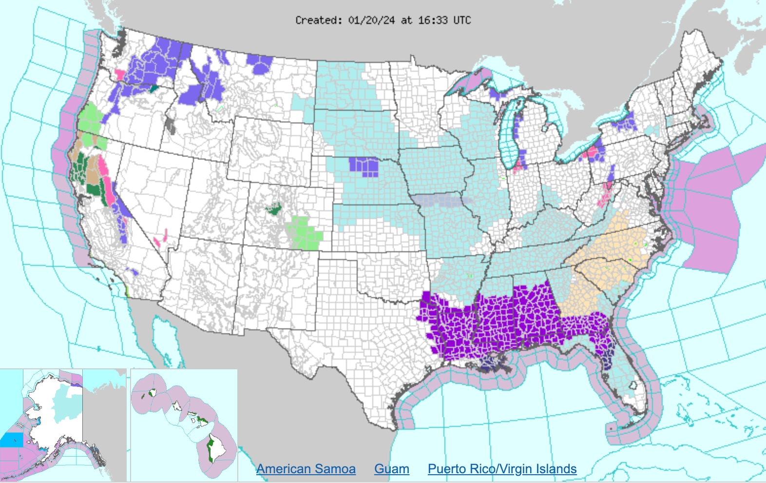 The dark purple, as seen in the southeast US, indicates counties under a hard freeze warning from the National Weather Service on 20 January