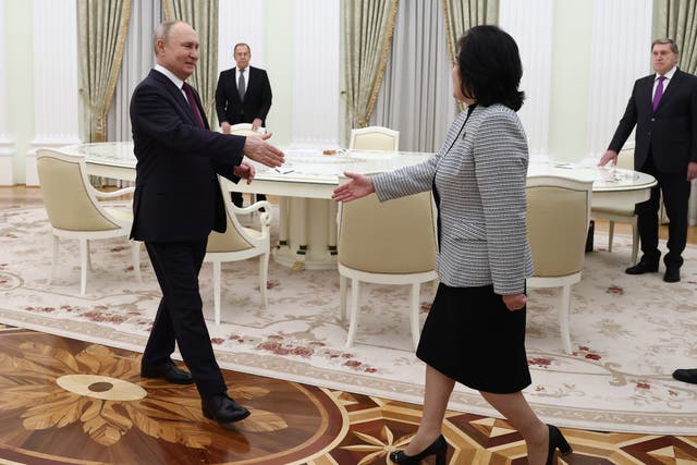 <p>Russian president Vladimir Putin (L) welcomes North Korean foreign minister Choe Son Hui (C) during their meeting in the Moscow Kremlin, Russia, 16 January 2024</p>