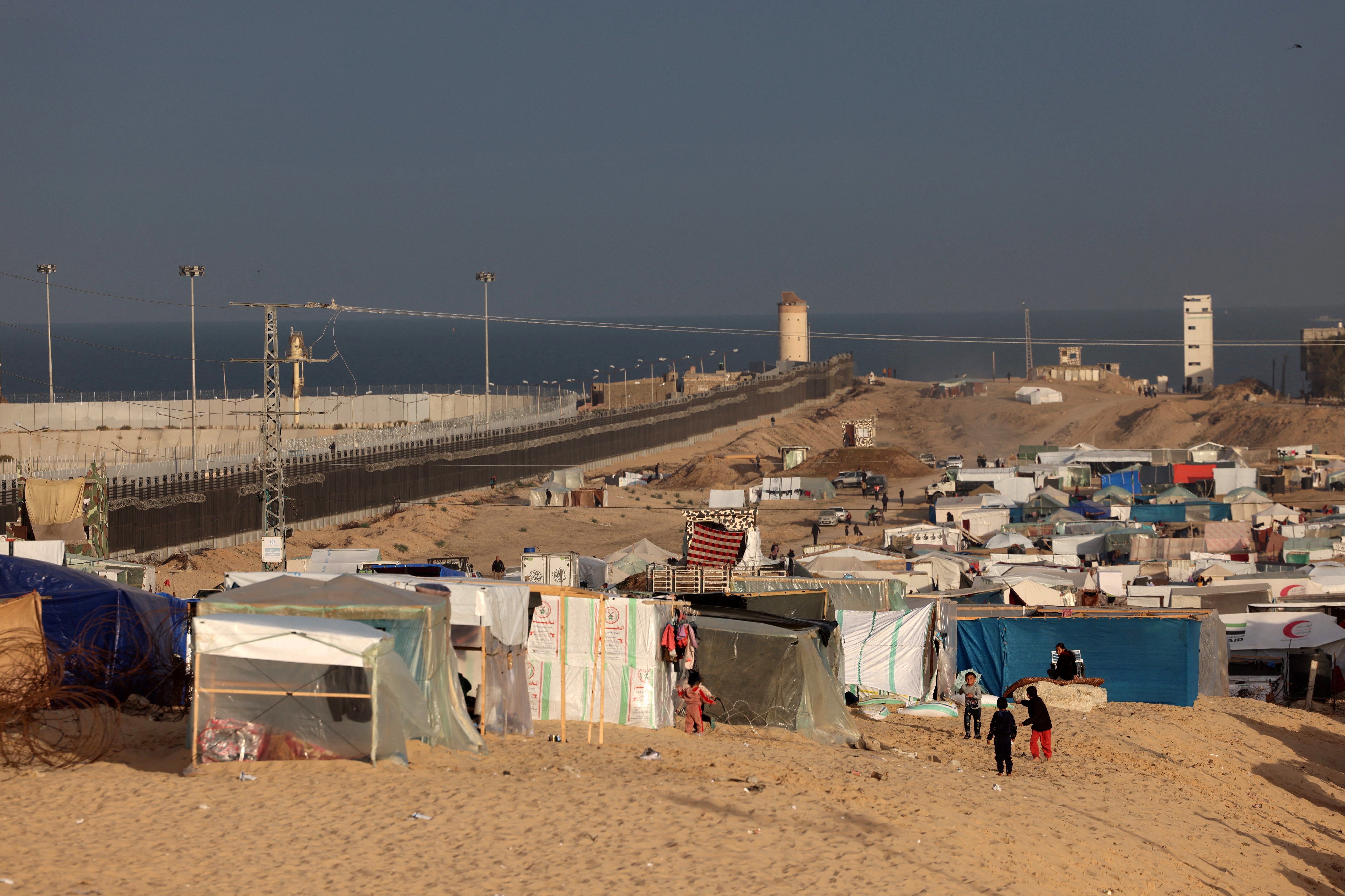 A makeshift camp for displaced Palestinians near the border with Egypt