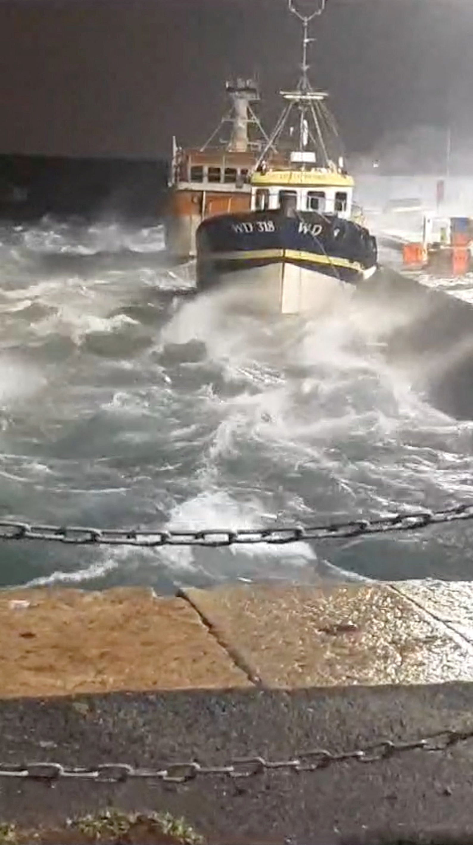 Waves hit a structure at the Ireland coastline during Storm Isha in Dublin