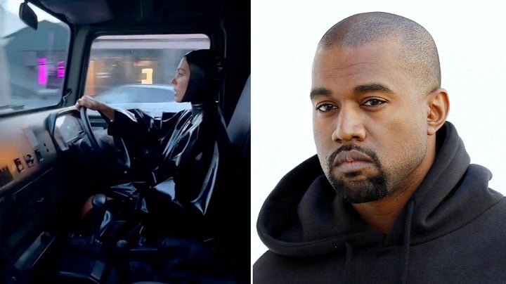 <p>Kanye West films wife sporting hooded latex suit while driving.</p>