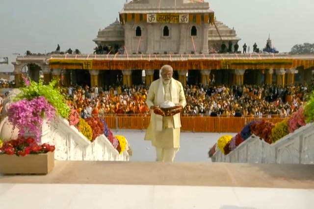 <p>India’s Prime Minister Narendra Modi walking up the stairs to officially consecrate the Ram temple in Ayodhya (screengrab) </p>