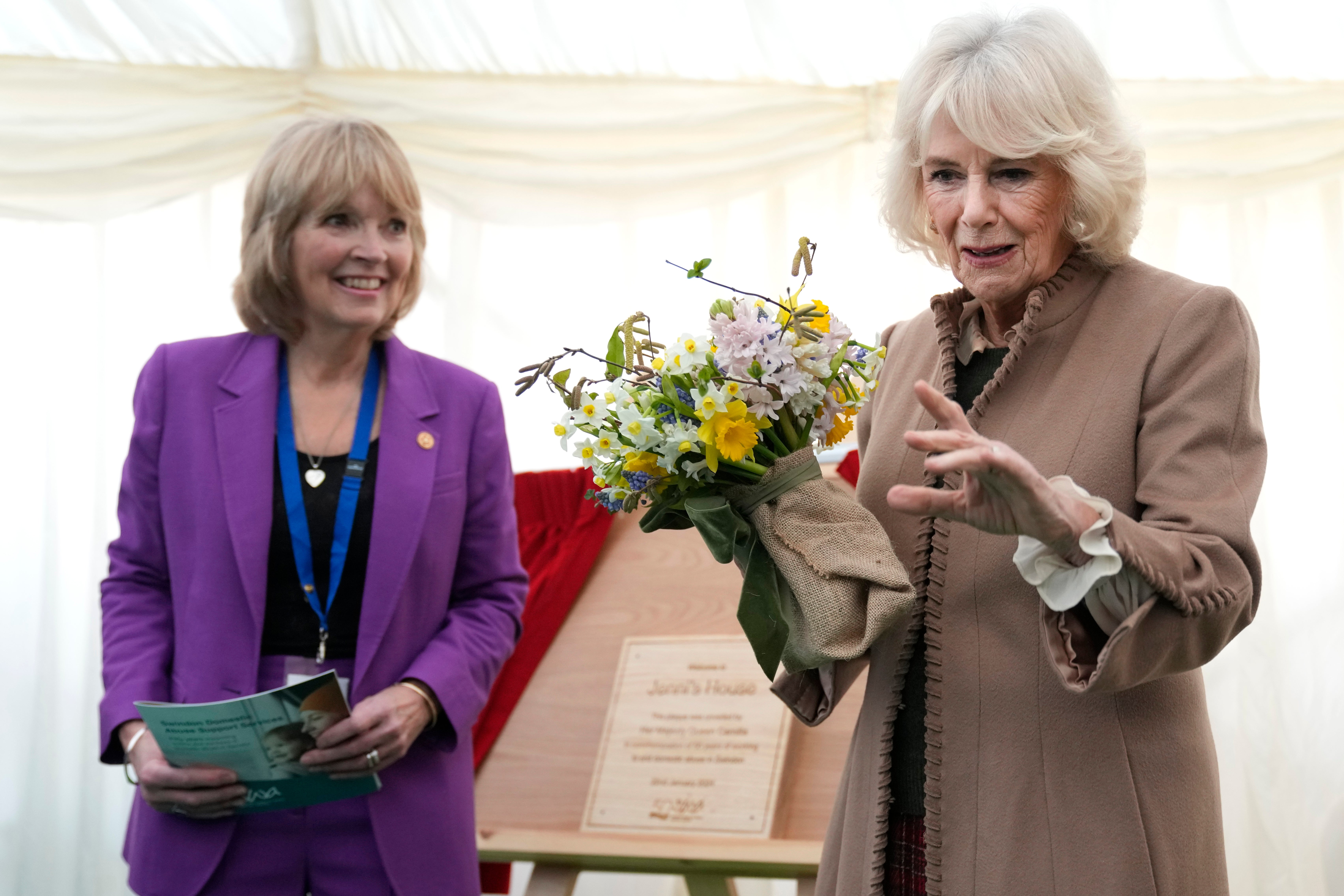 Queen Camilla unveiled a plaque during a visit to a women's refuge in Swindon in January