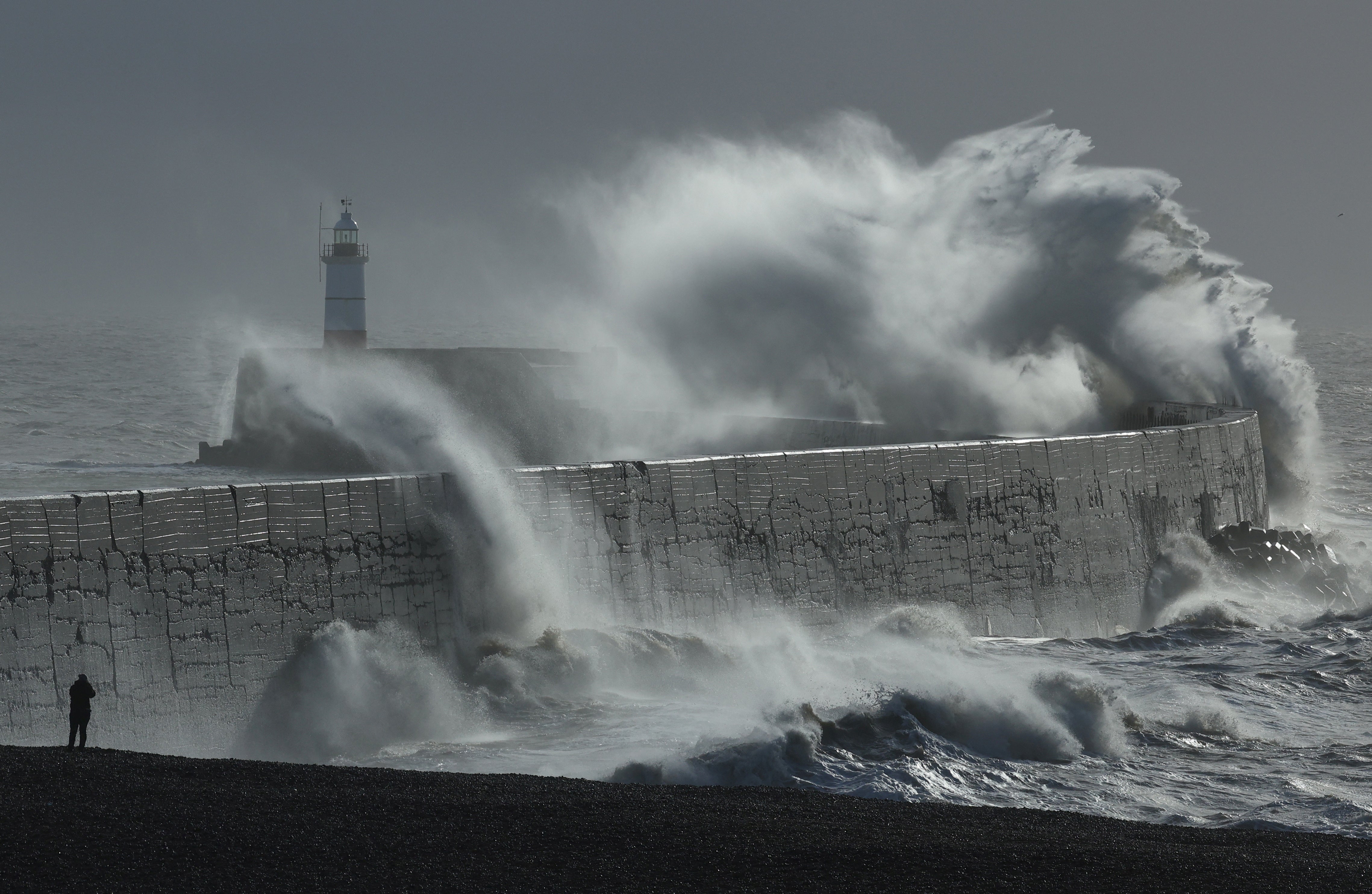 Large waves hit the seawall and harbour during Storm Isha, at Newhaven, southern Britain