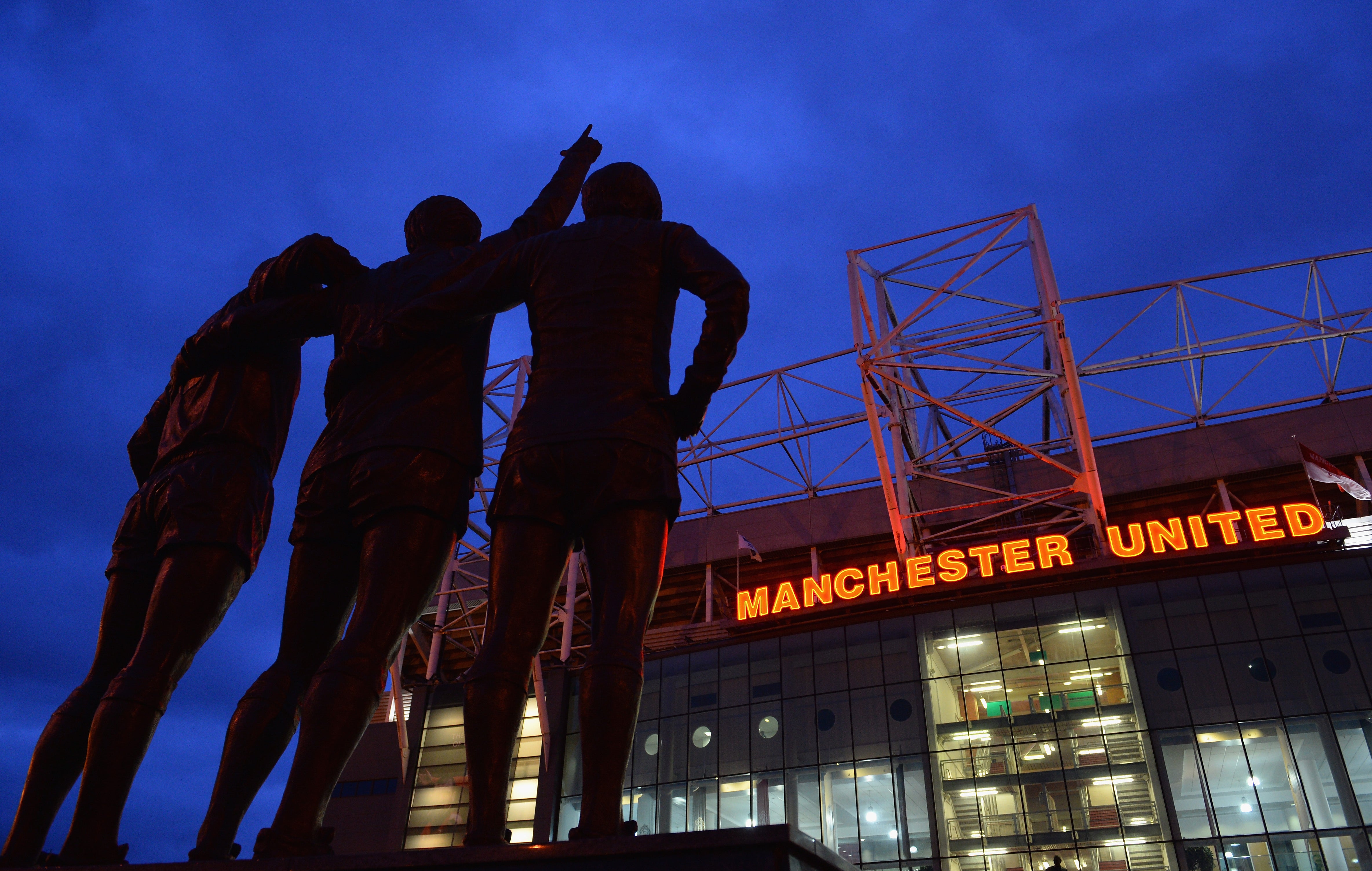 General View of the statues of Denis Law, George Best and Bobby Charlton