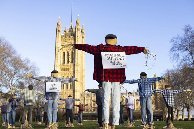 Scarecrows outside the Houses of Parliament in London, as part of Riverford’s ‘Get Fair About Farming’ campaign (David Parry/PA)