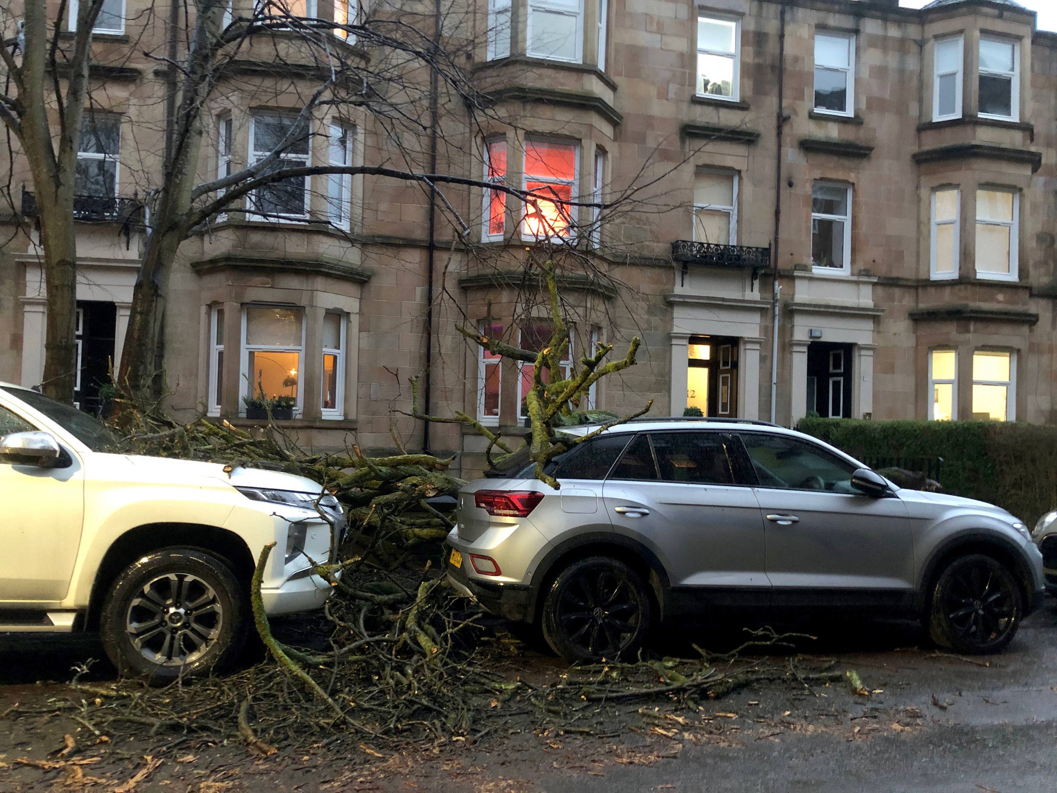 Fallen branches from trees in the Shawlands area of Glasgow, cover parked cars and the pavement following gusts from Storm Isha